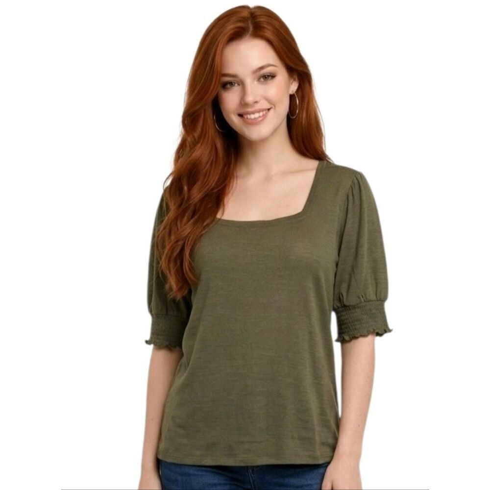 Nine West Army Green Textured Square Neck Elbow Sleeve Stretch Knit Blou…